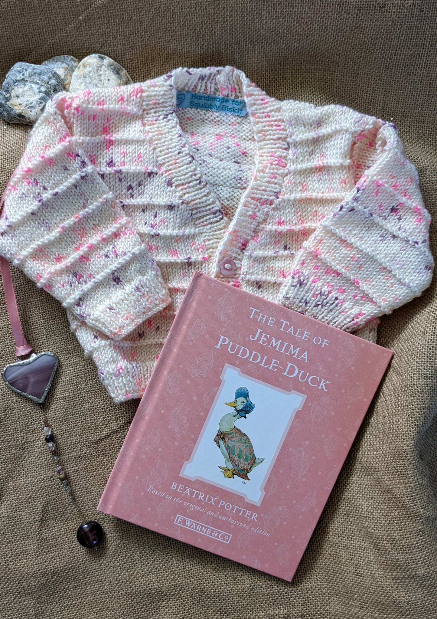 Hand knit baby cardigan gift bag