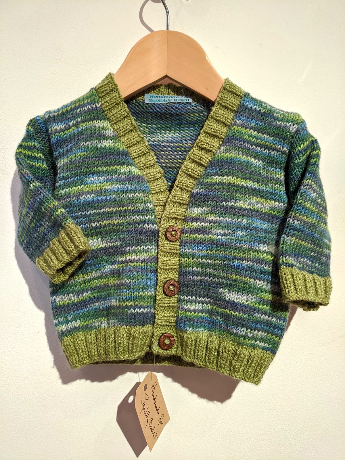 Blue green hand knitted cardigan