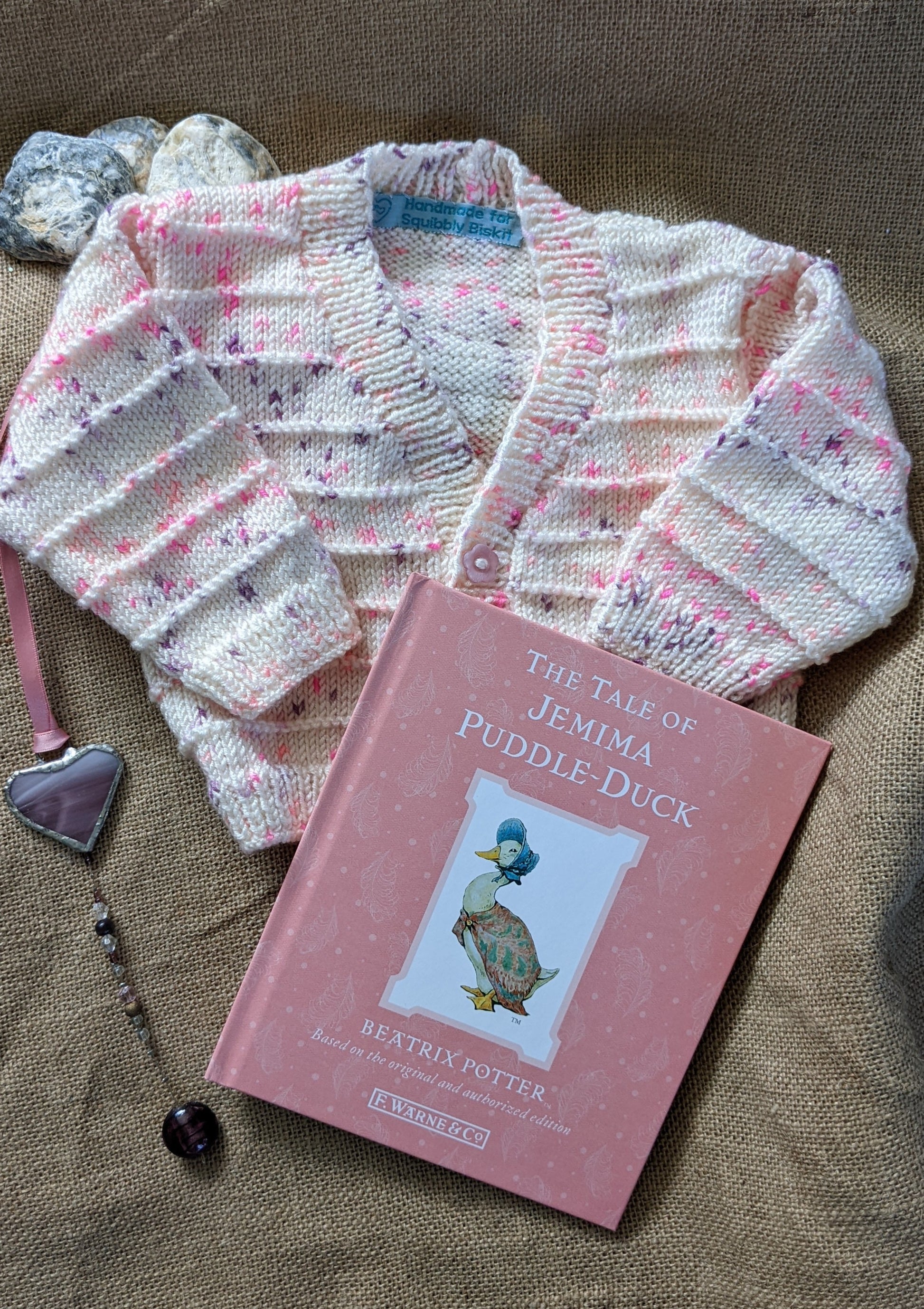 Baby Gift Bag Cardigan, stained glass heart and book